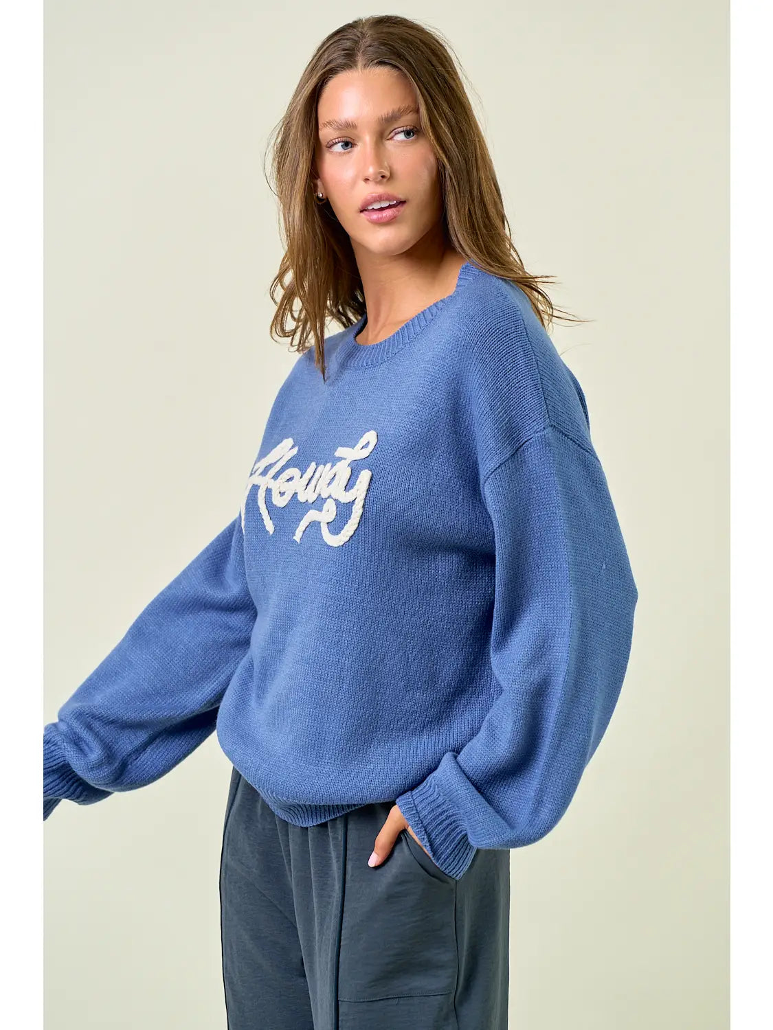 Howdy Embroidered Round Neck Oversized Sweater