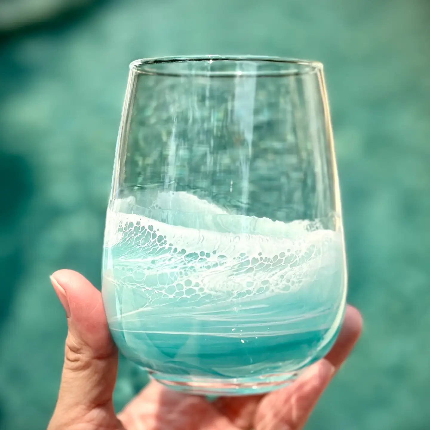 Stemless Wine Glass with Resin Waves - Light Teal