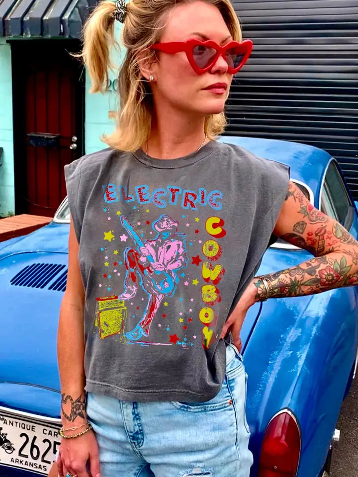 Electric Cowboy Midriff Boxy Muscle Crop Top