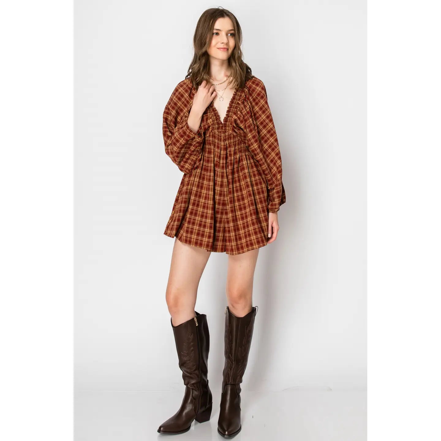 Dolman Sleeve Plaid Smocked V-Neck Romper