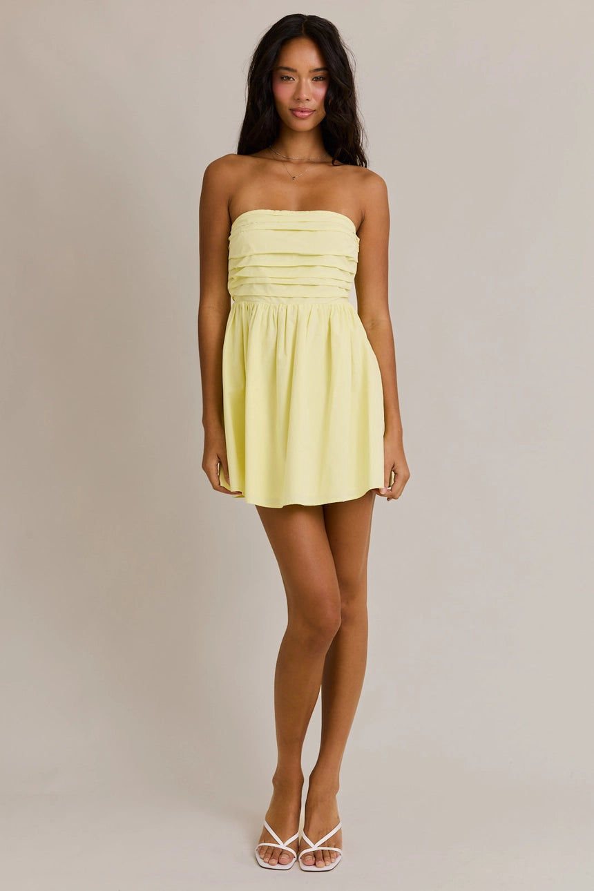 Lemon Strapless Pleated Detail Mini Dress