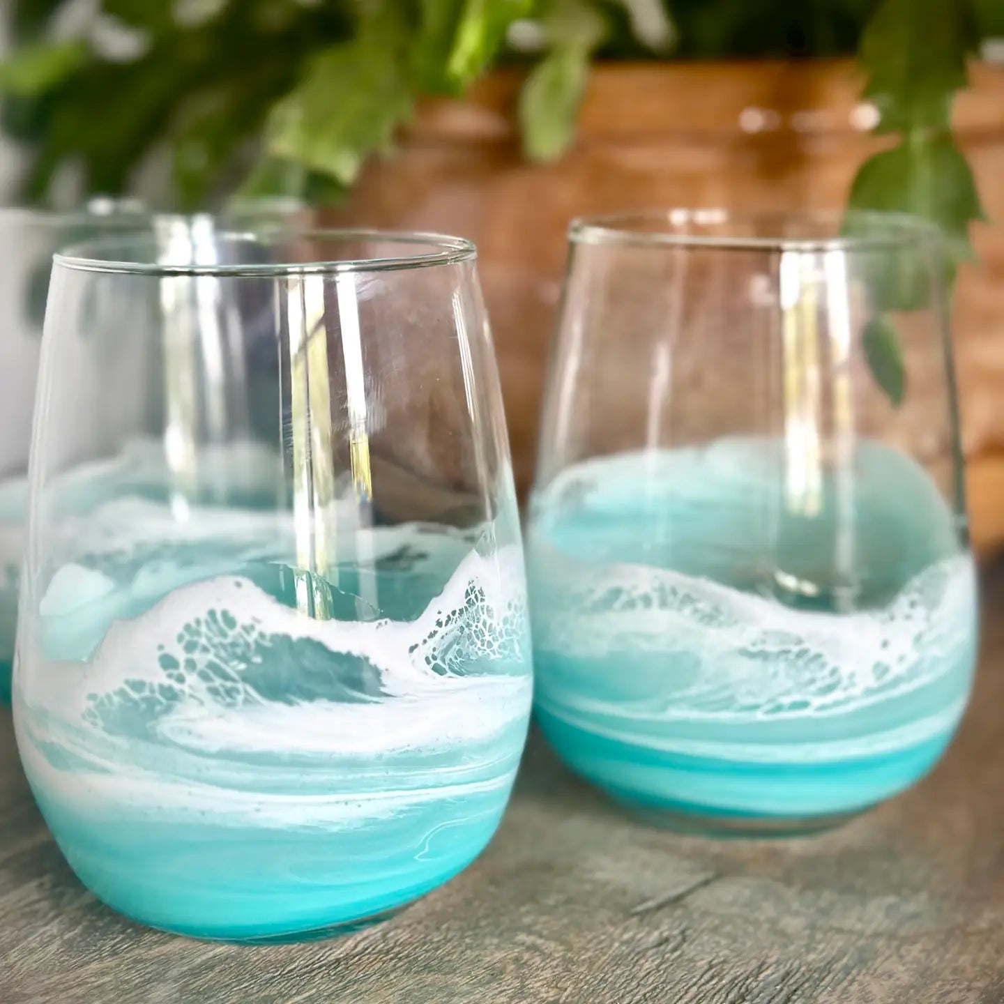 Stemless Wine Glass with Resin Waves - Light Teal