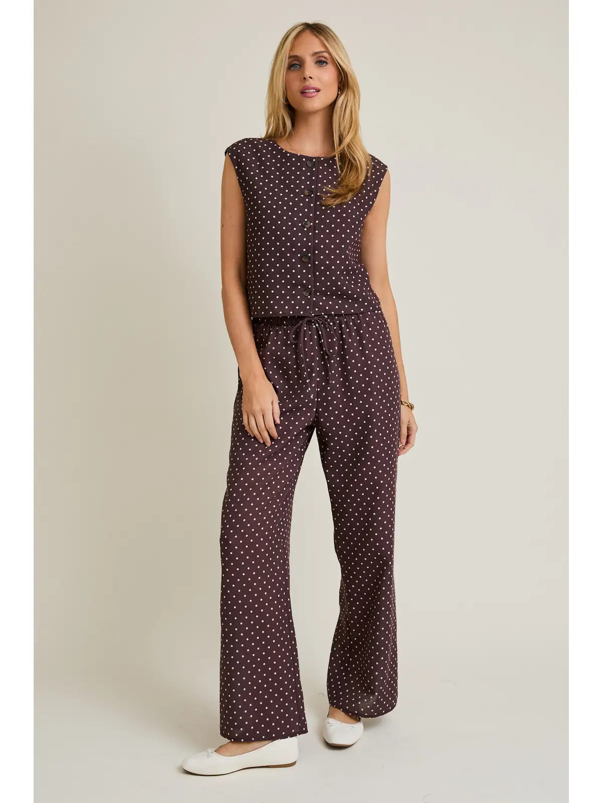 Round Neck Sleeveless Button Up Dot Top