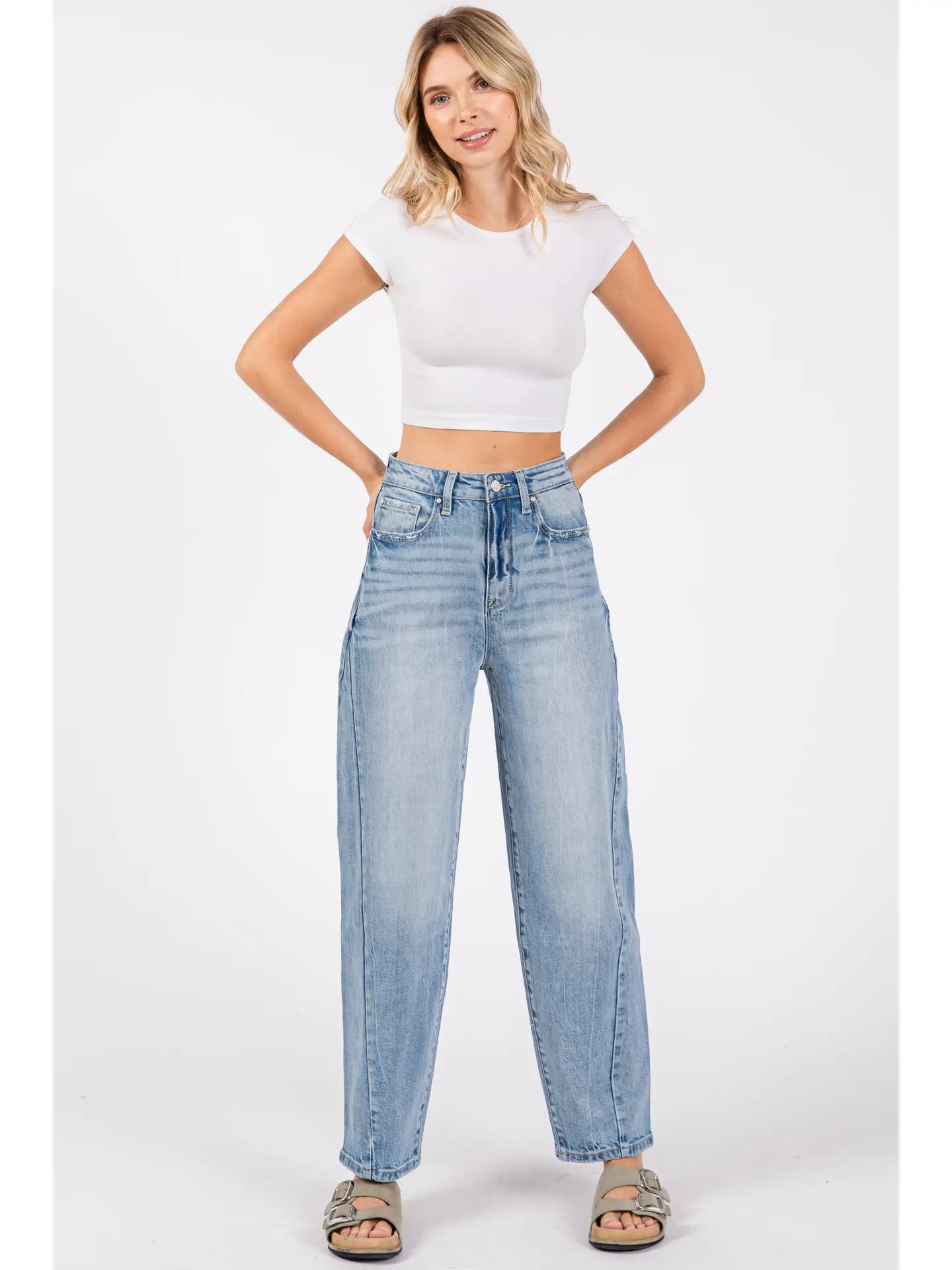 Side Seam Detailing High Rise Comfort Barrel Jeans