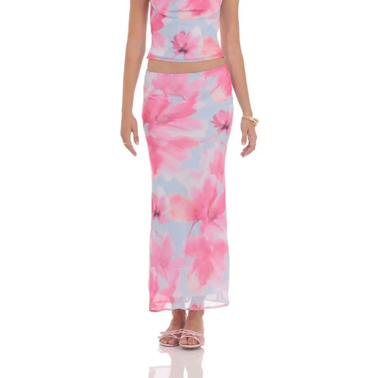 Tropical Floral Maxi Skirt in Blue and Pink