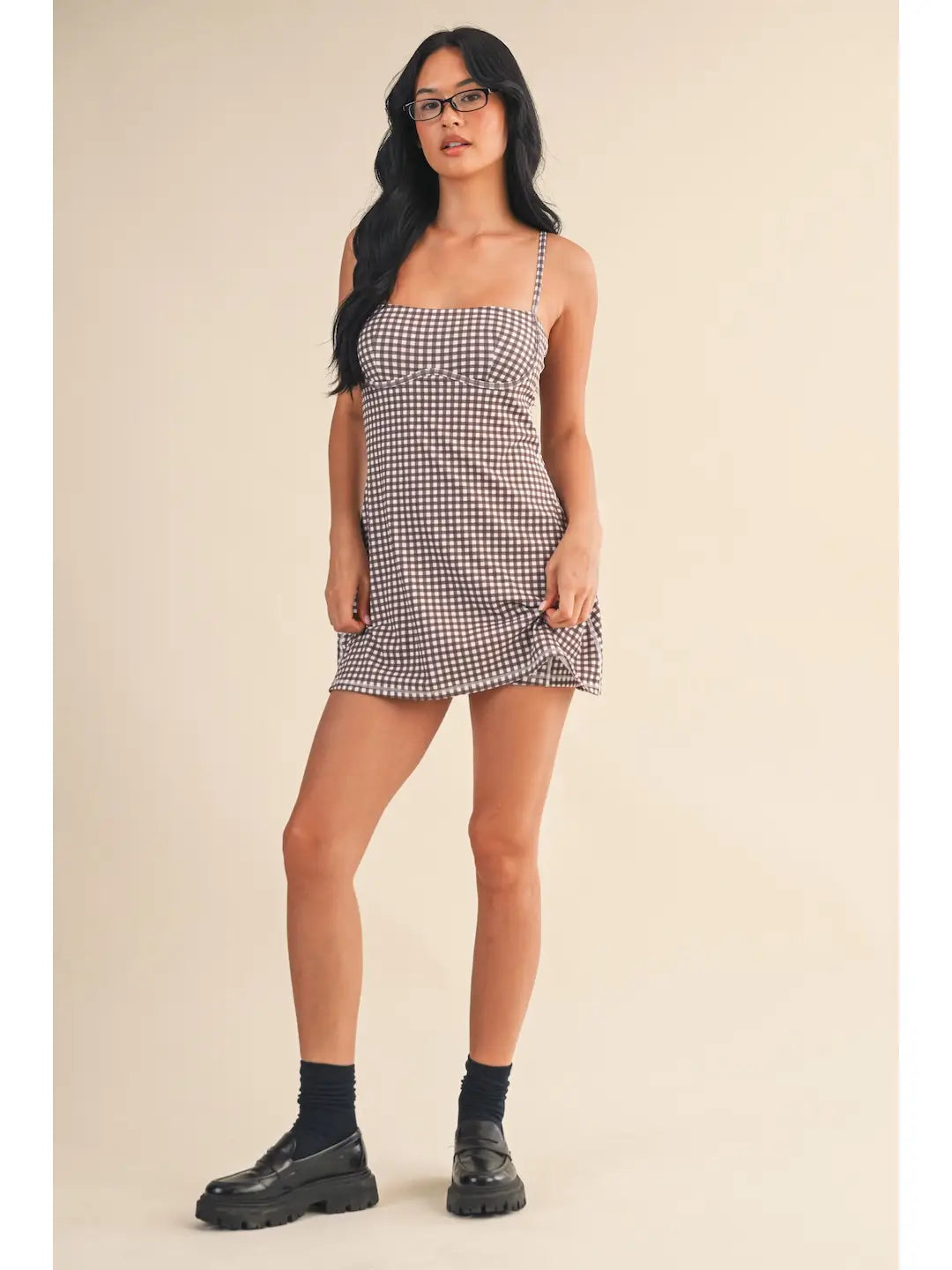 Brown Gingham Print Sweetheart Dress