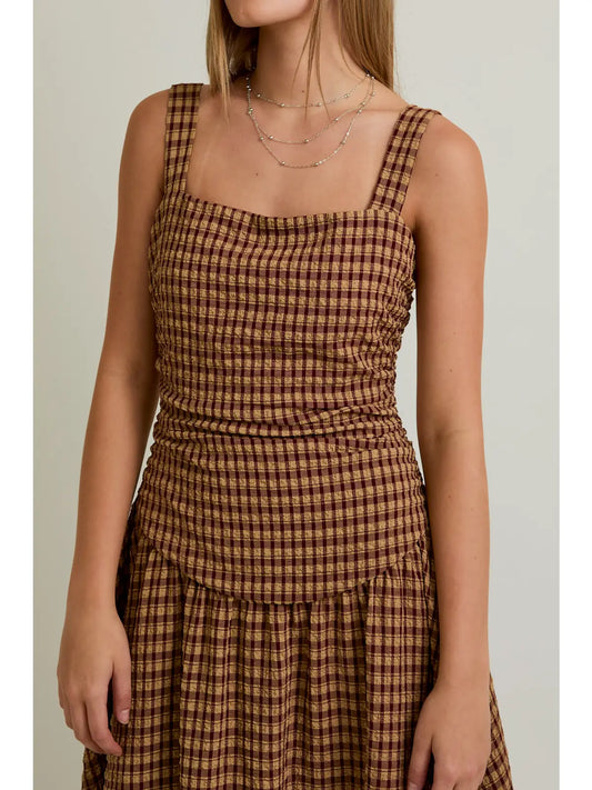 Sleeveless Square Neck Dropped Waist Plaid Midi Dress