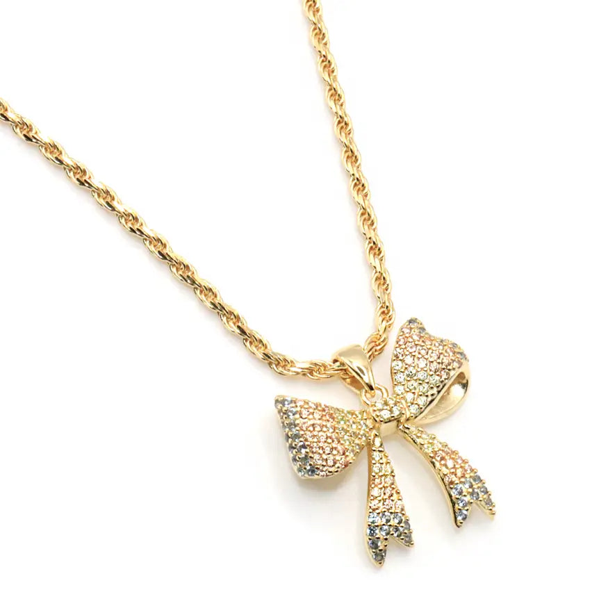 Dainty Gold Necklace with Bow Pendant in Colorful Zirconia