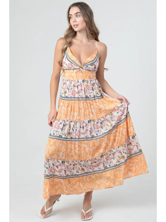 Autumn Floral Tiered Maxi Dress with Cut Out