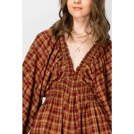 Dolman Sleeve Plaid Smocked V-Neck Romper