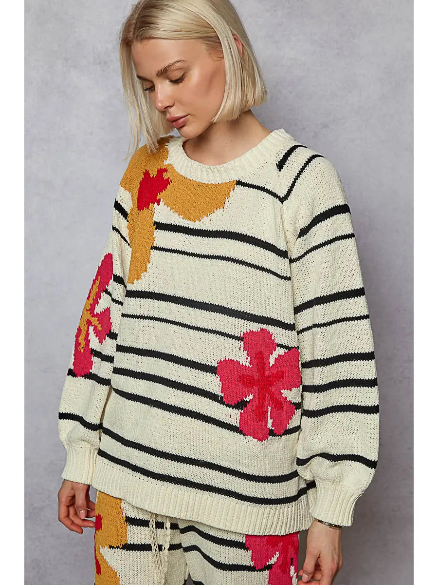 Round Neck Floral Pattern Striped Chenille Sweater Top