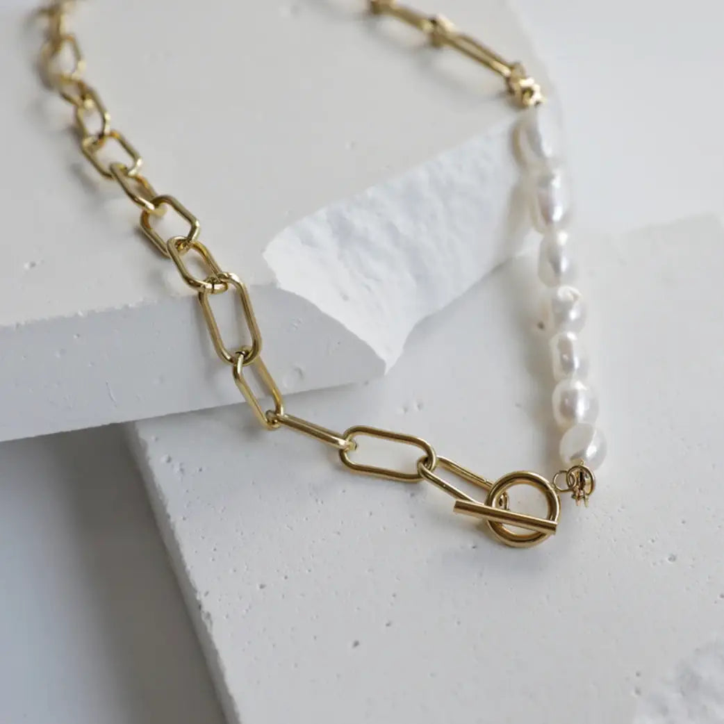 Half Pearl Half Link Chain Necklace