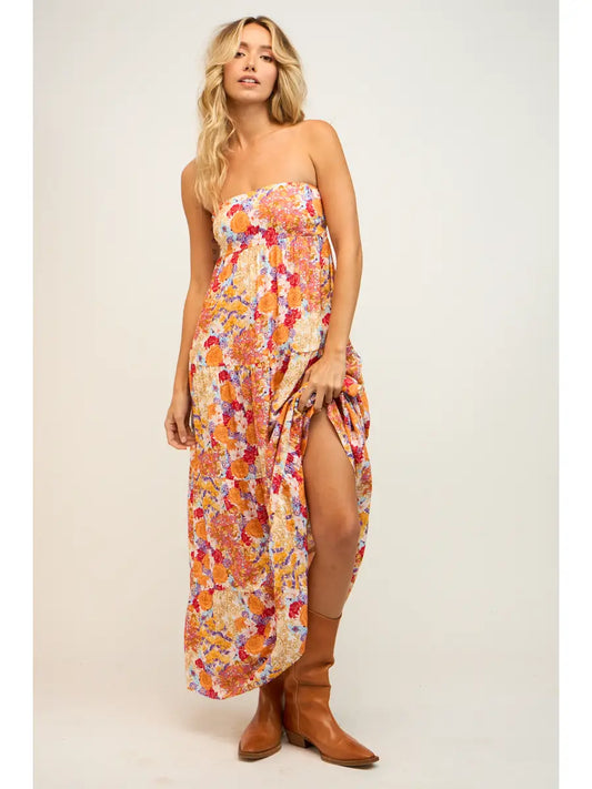 Floral Open Back with Tie Tube Maxi Dress