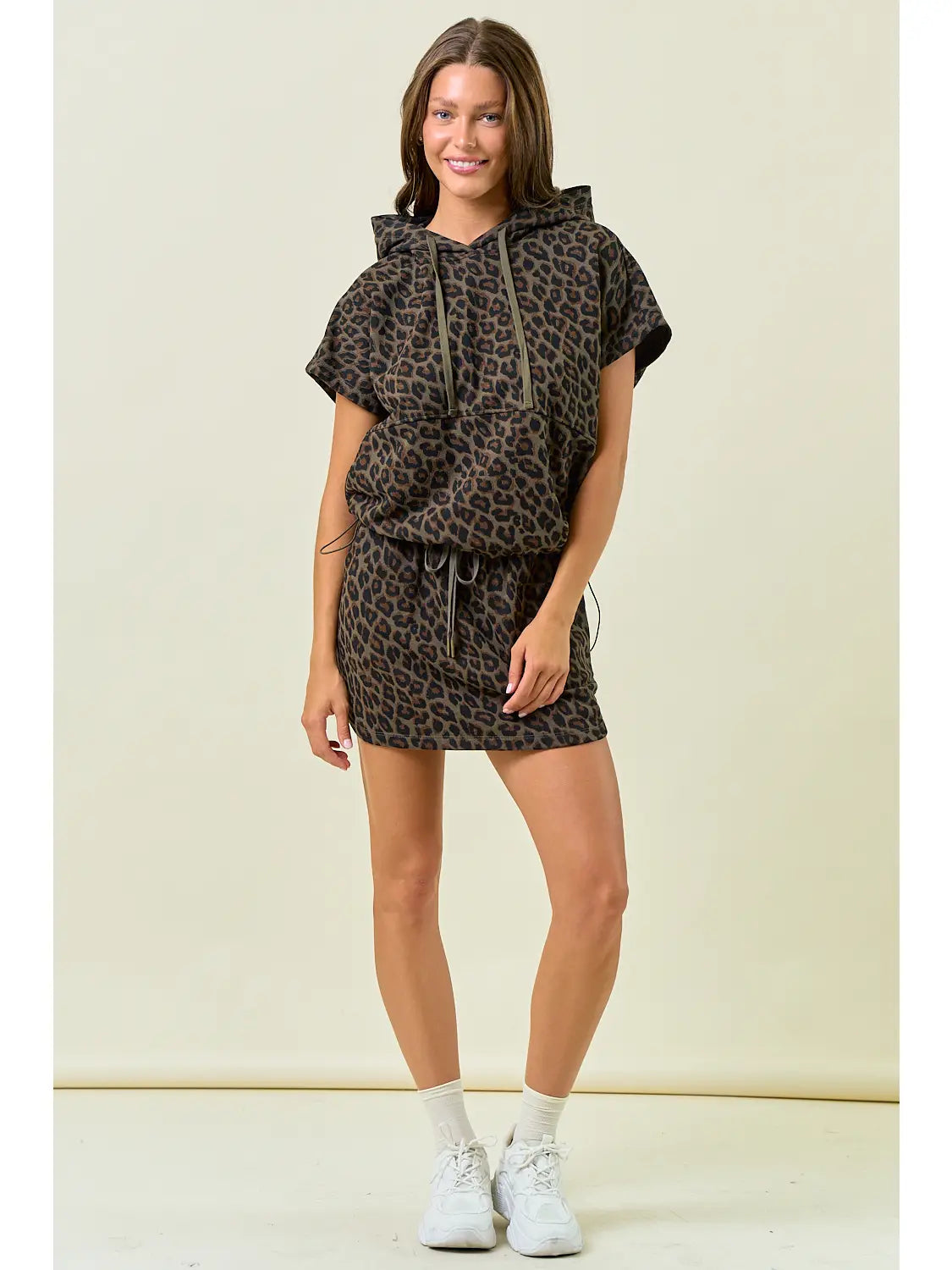 Leopard Terry Shirt Tail Hem Mini Skirt