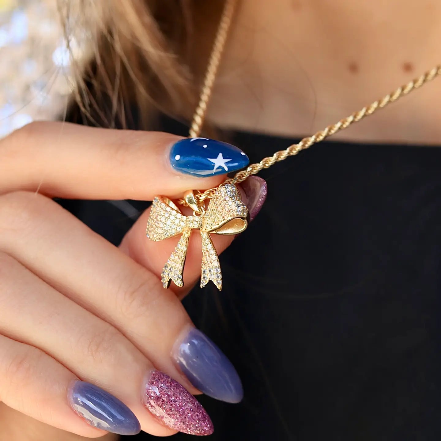 Dainty Gold Necklace with Bow Pendant in Colorful Zirconia