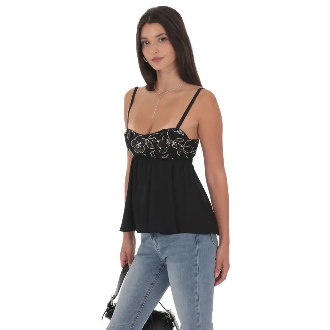 Beaded Babydoll Top in Black