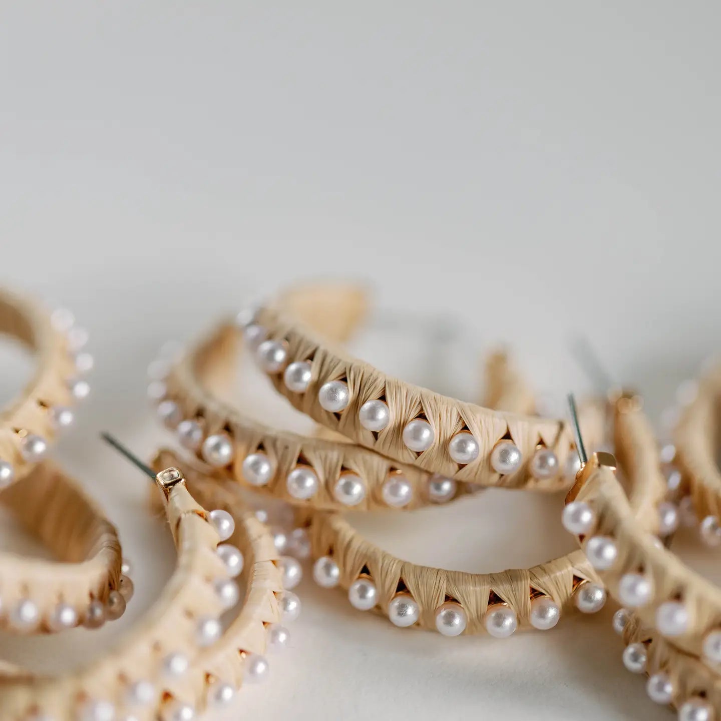Natural Studded Pearl Raffia Statement Hoop Earrings