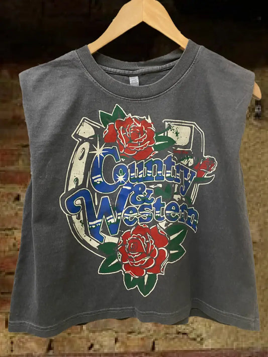Country & Western Horseshoe Boxy Muscle Crop Top