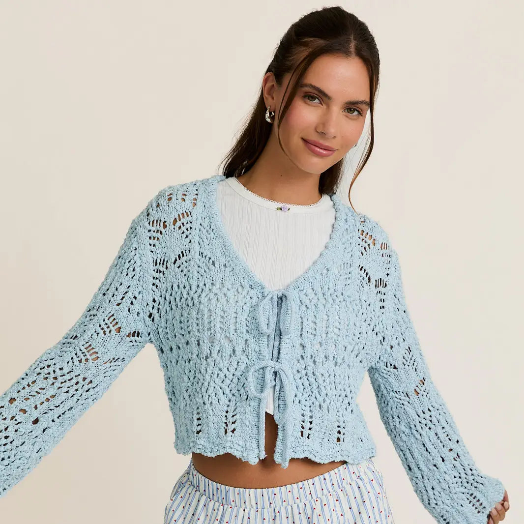 Front Tie Crochet Effect Sweater Top