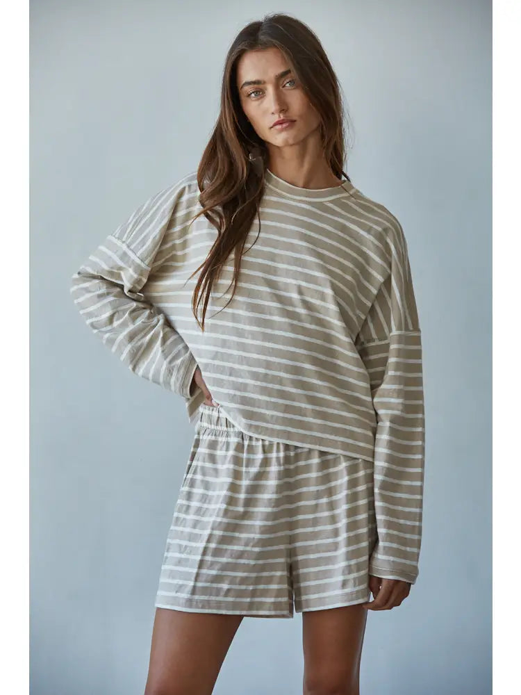 Knit Cotton Striped Mock Neck Long Sleeve