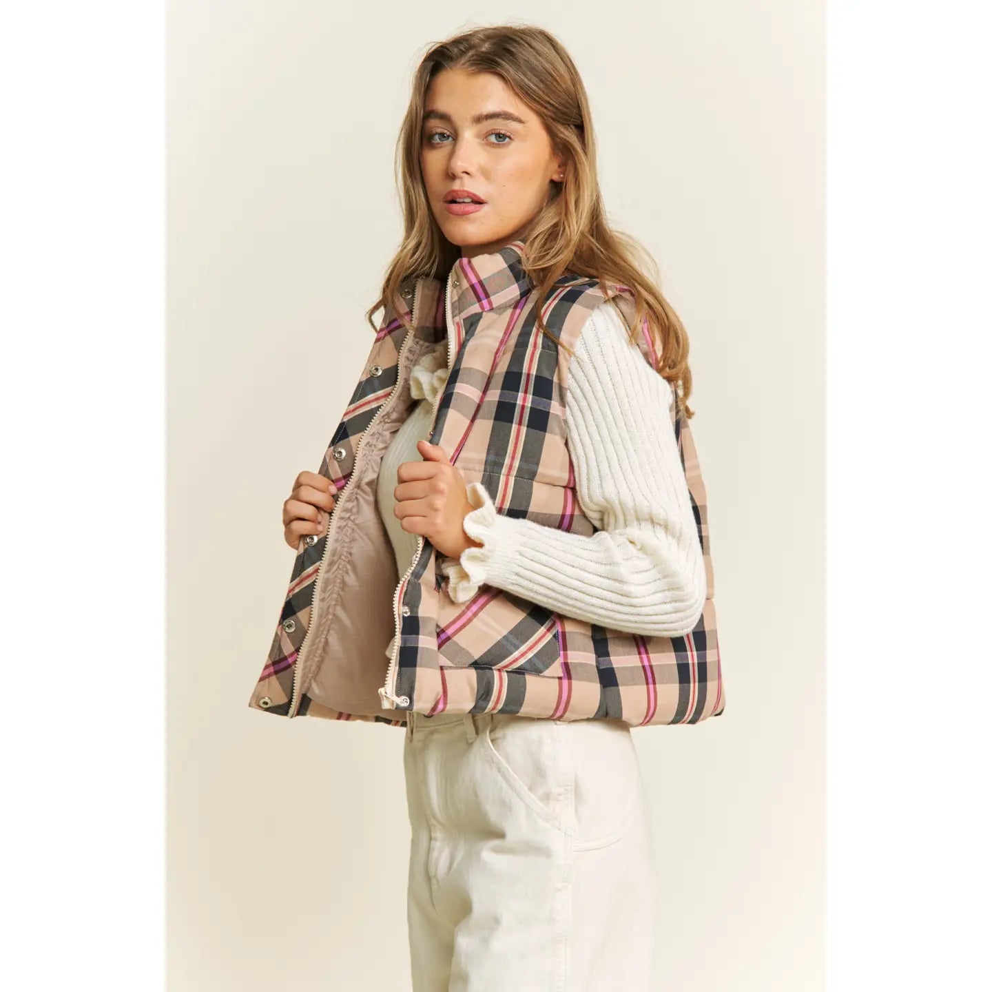 Crop Plaid High Neck Open Front Puffer Vest