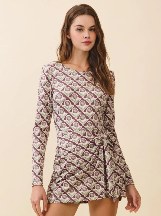 Printed Front Tie Drape Detail Bodycon Mini Dress