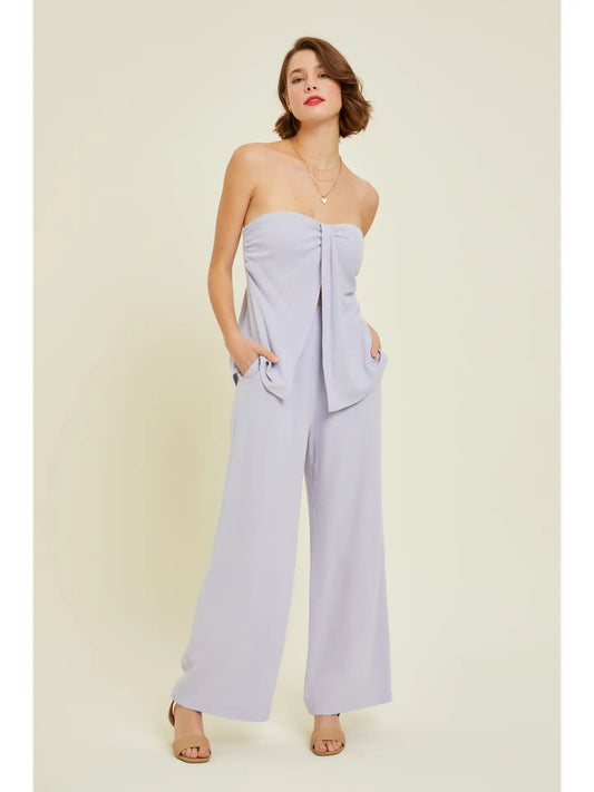 Lavender Blue Classic Linen Set with Tube Top and Flare Pants
