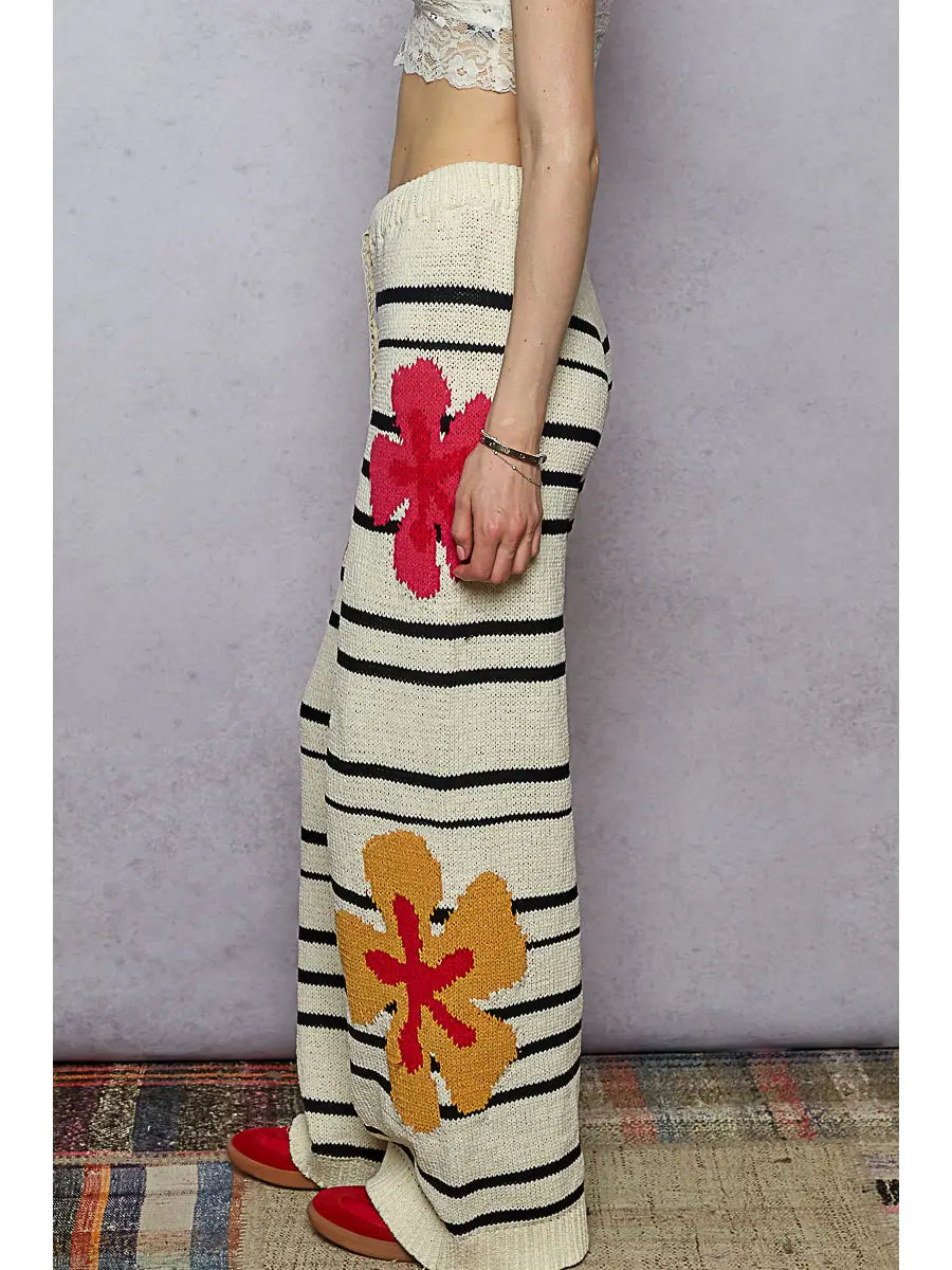 Floral Pattern Striped Chenille Sweater Pants