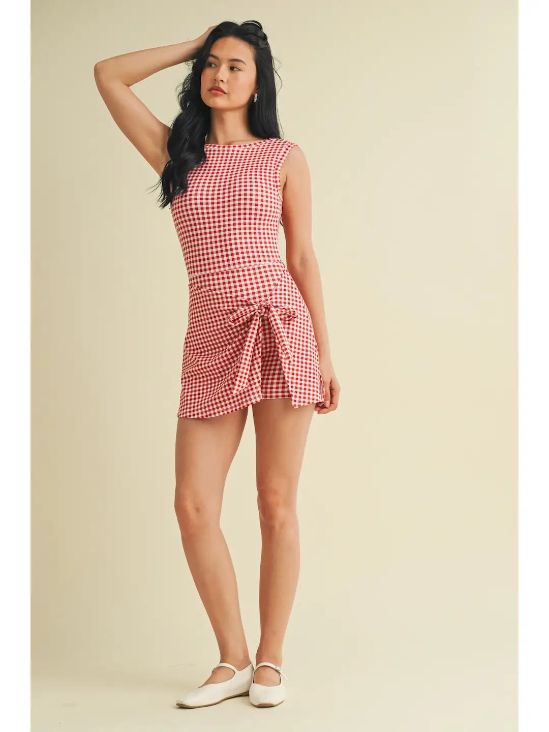 Gingham Print Sleeveless Wrap Tie Front Dress