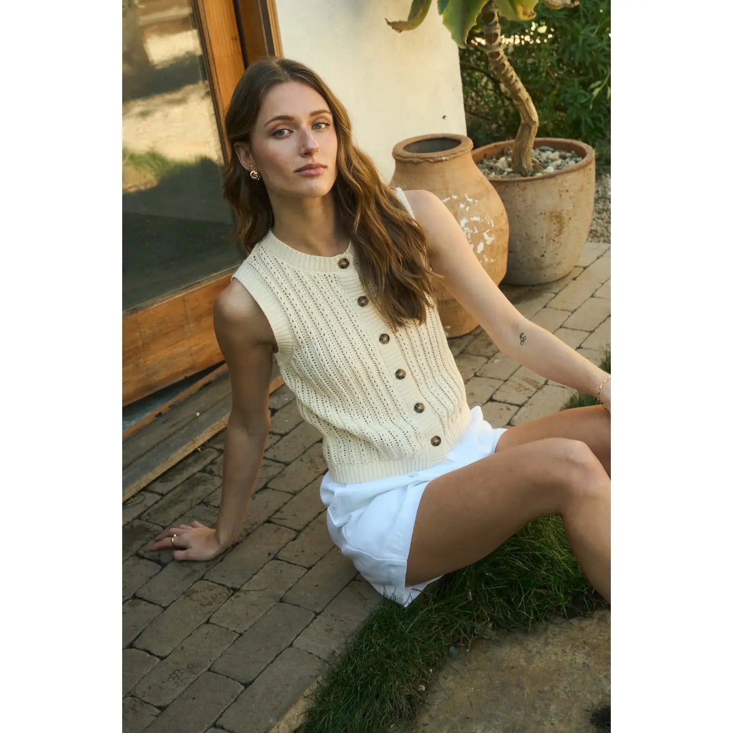 Crew Neck Button Down Sleeveless Knit Cardigan