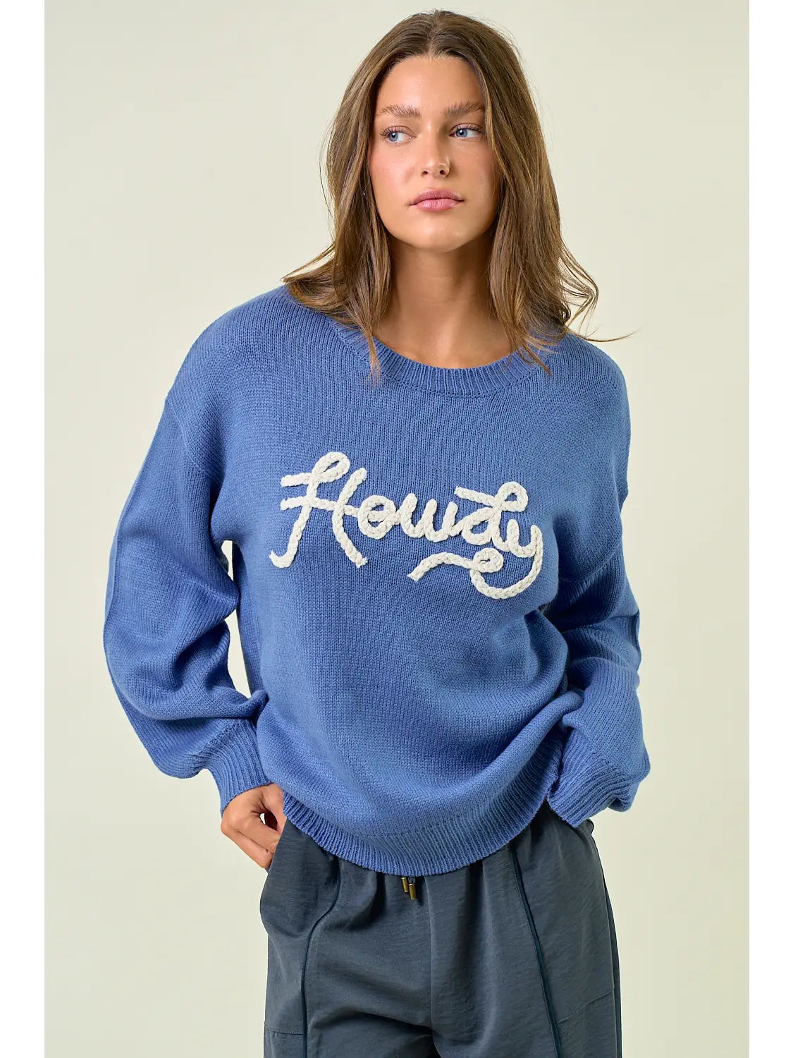 Howdy Embroidered Round Neck Oversized Sweater