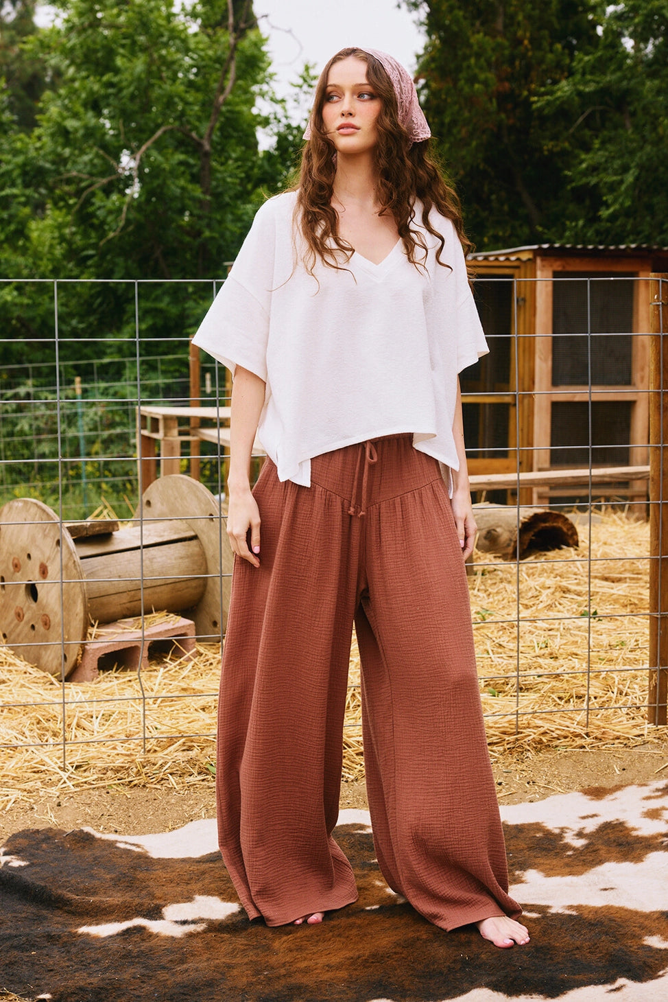 Wide Leg Flattering Drape Solid Cotton Gauze Pants