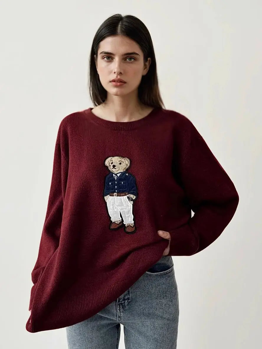 Burgundy Polo Inspired Patch Bear Sweaters