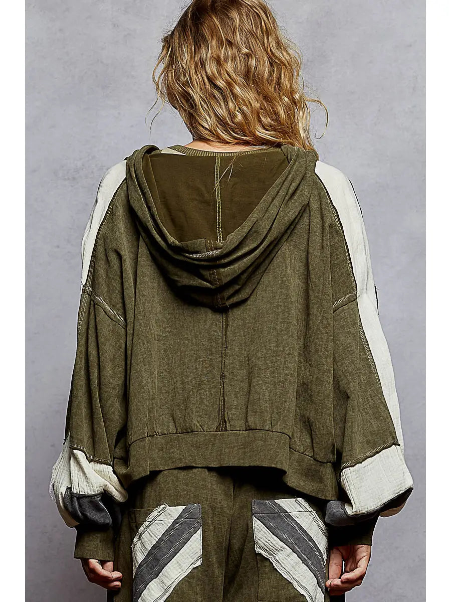 Vintage Washing Double Gauze Patch Solid Hooded Zip Up Top