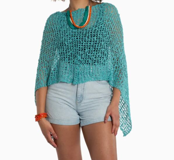 Short Popcorn Knit Poncho - Teal