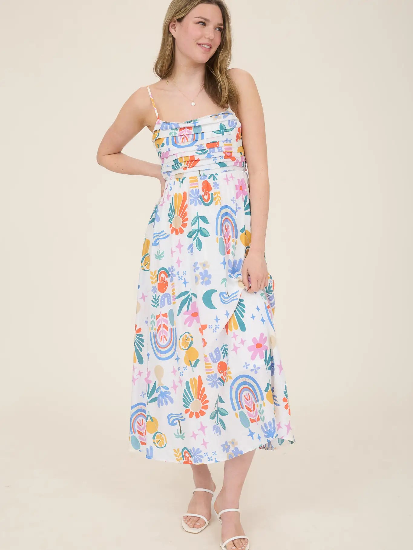 Summer Print Pleated Back Bow Midi Dress