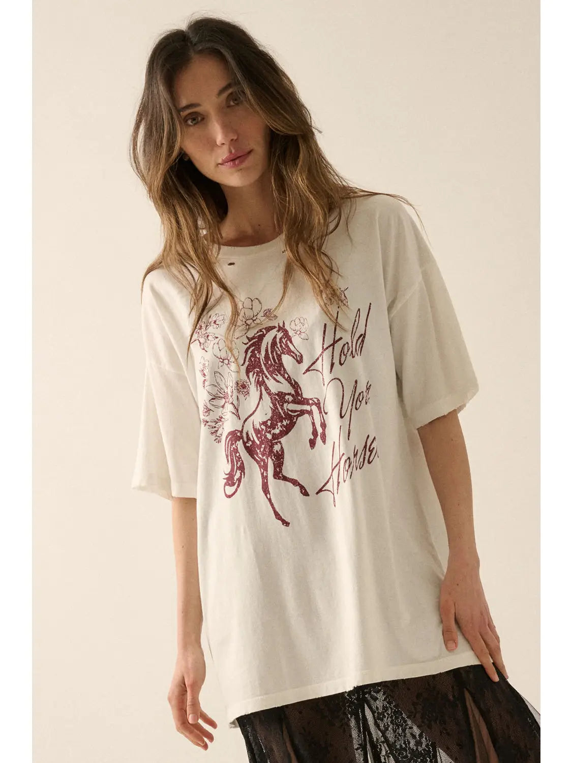 Hold Your Horses Distressed Oversized Graphic Tee