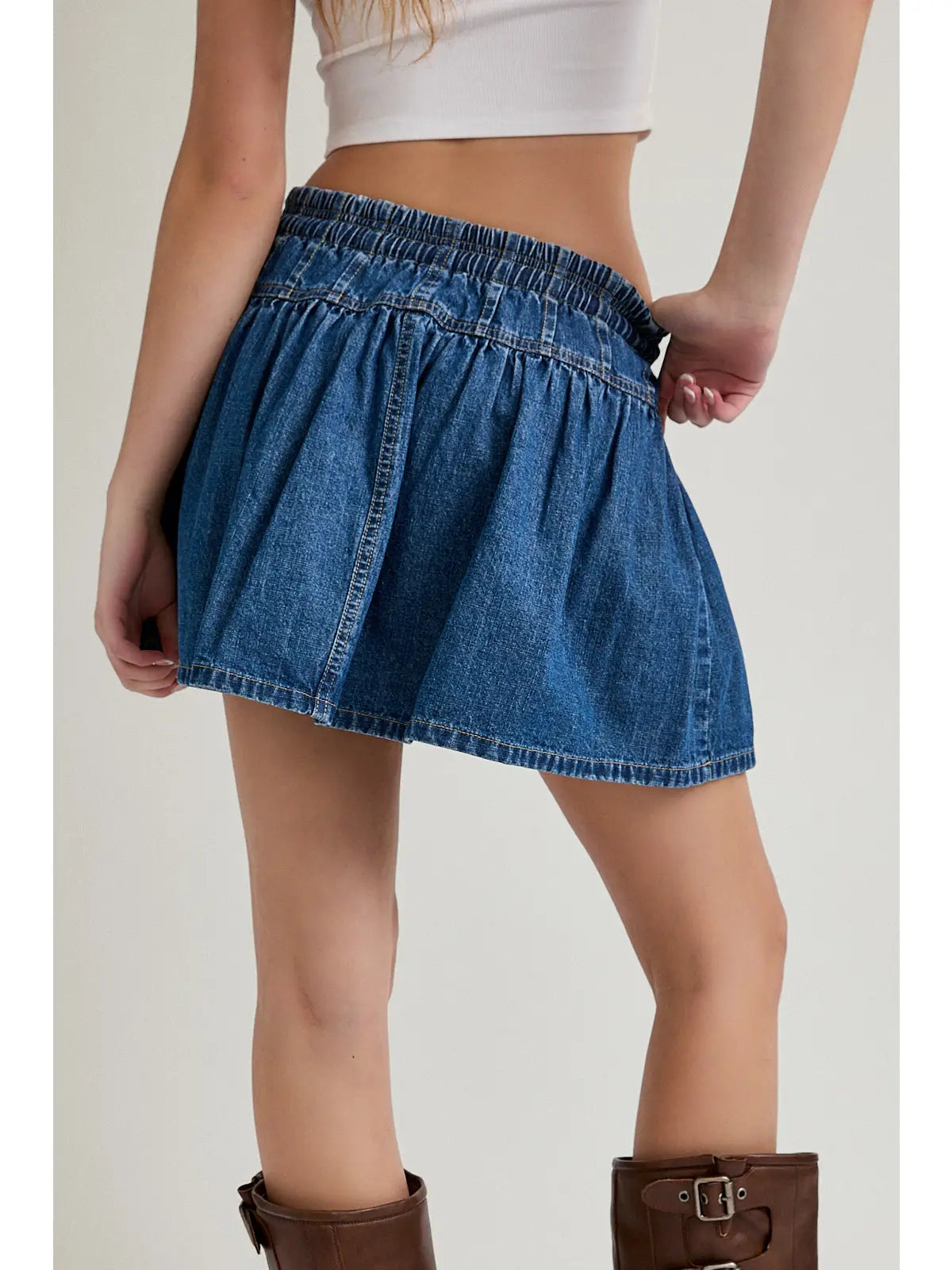 Mid Waisted Pleated Detail Denim Mini Skirt