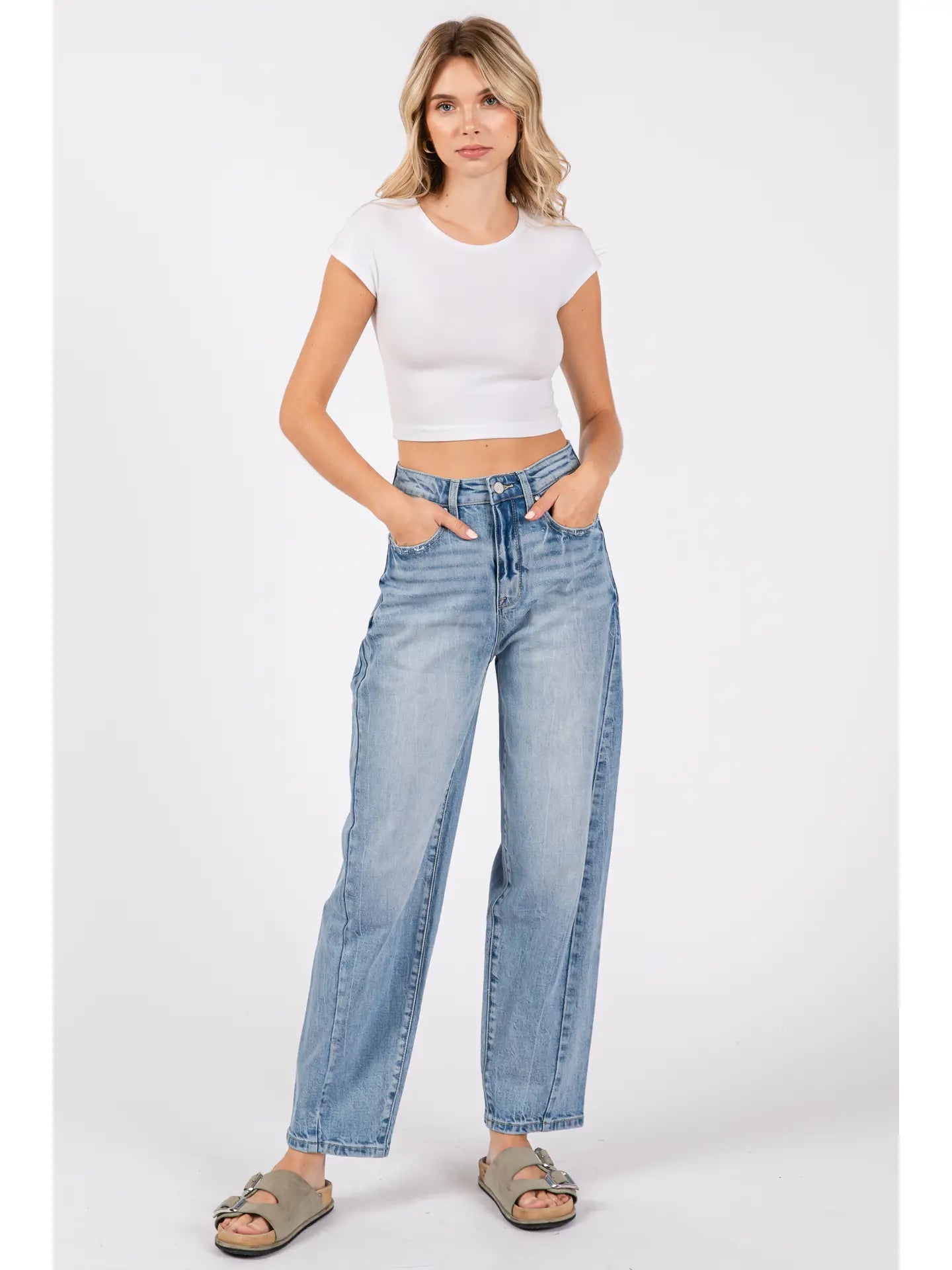 Side Seam Detailing High Rise Comfort Barrel Jeans