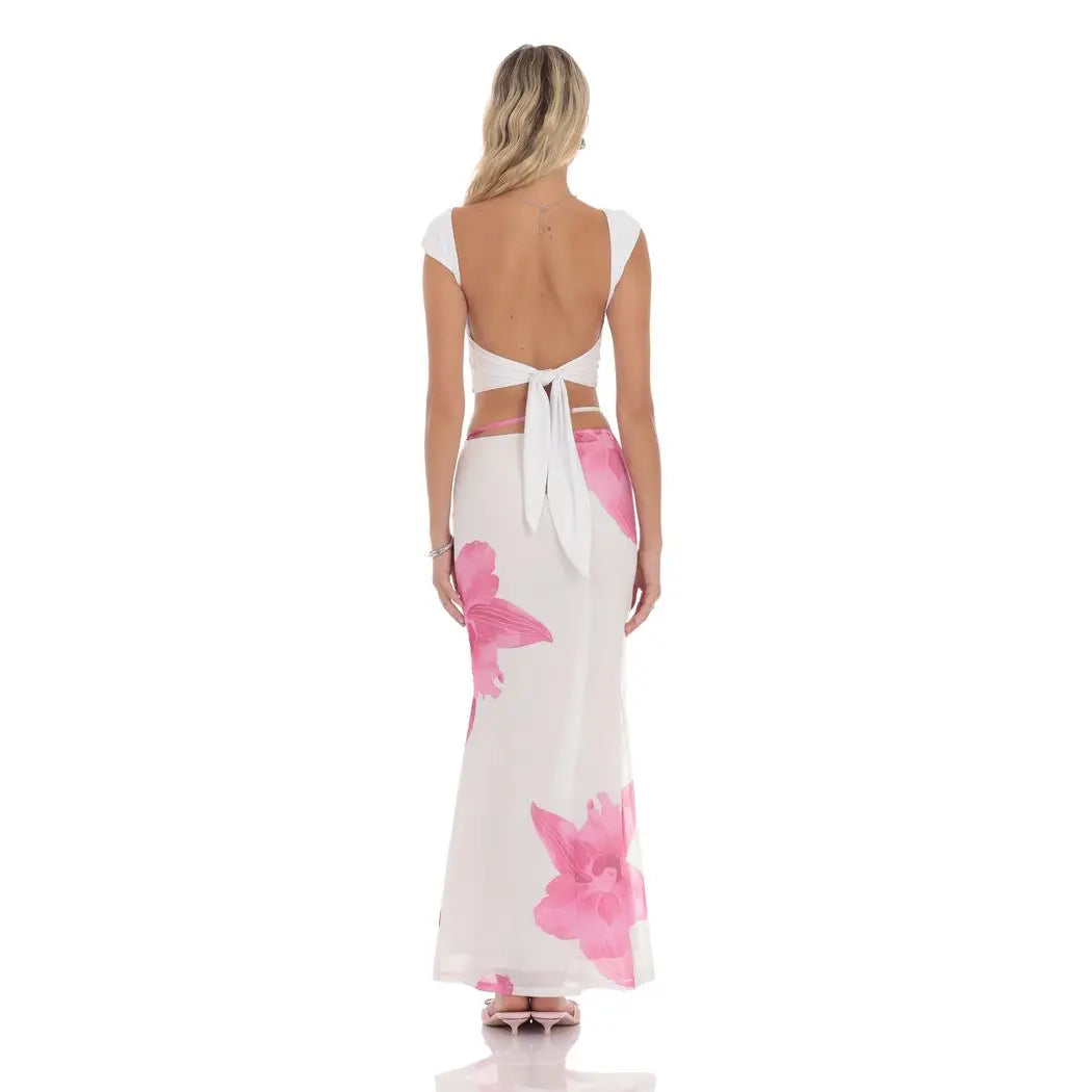 Mesh Floral Maxi Skirt in White