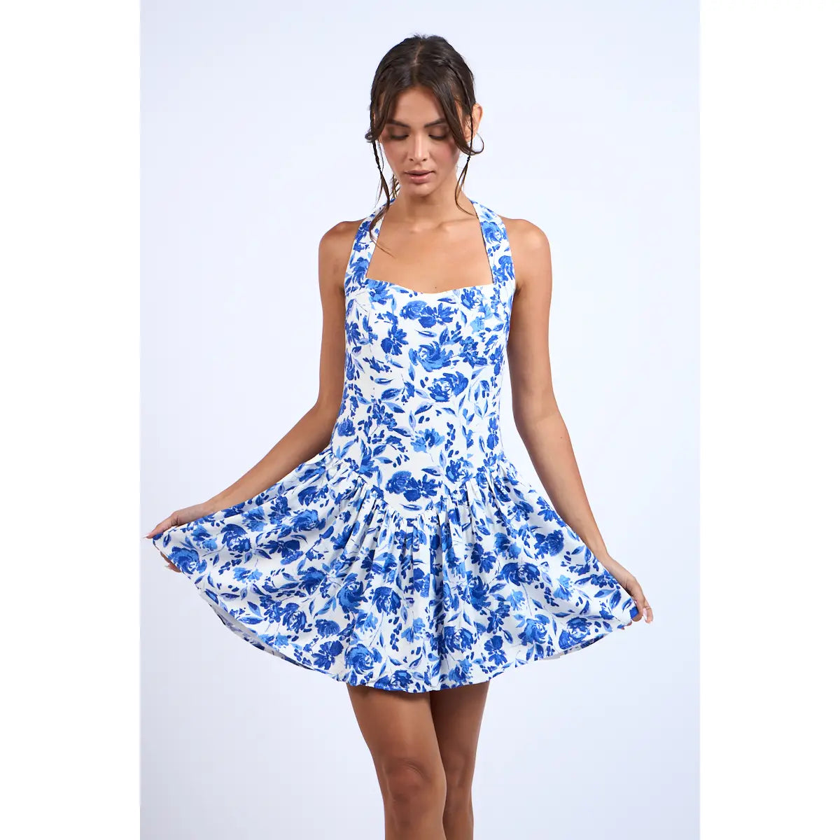 Navy Floral Wide Halter Fit-And-Flare Mini Dress