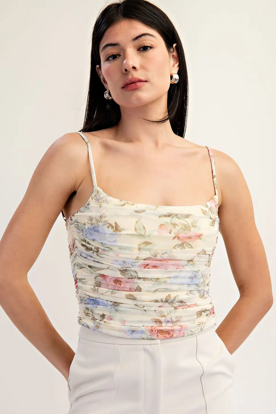Butter Floral Printed Mesh Shirred Top