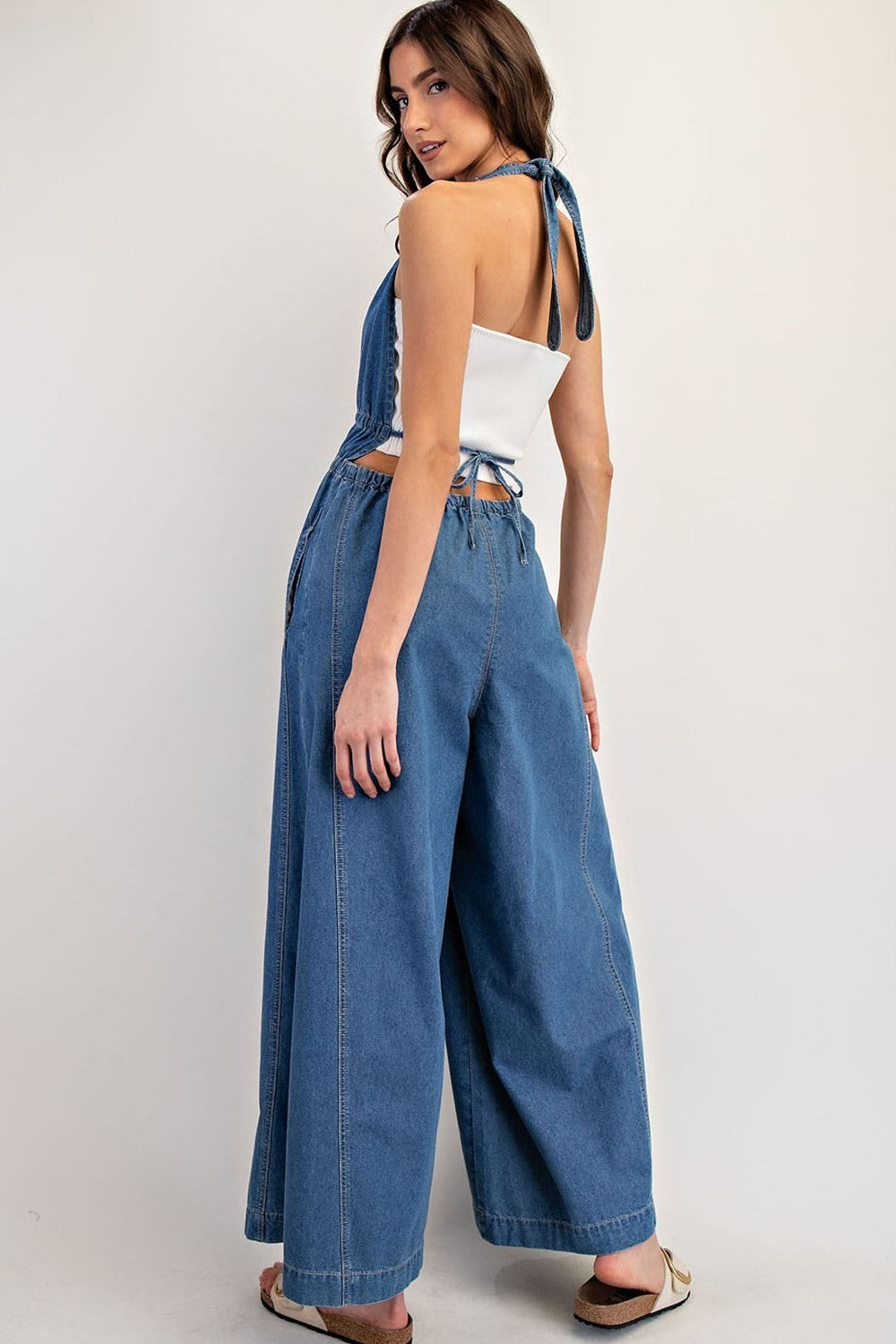 Denim Sleeveless Halter Jumpsuit