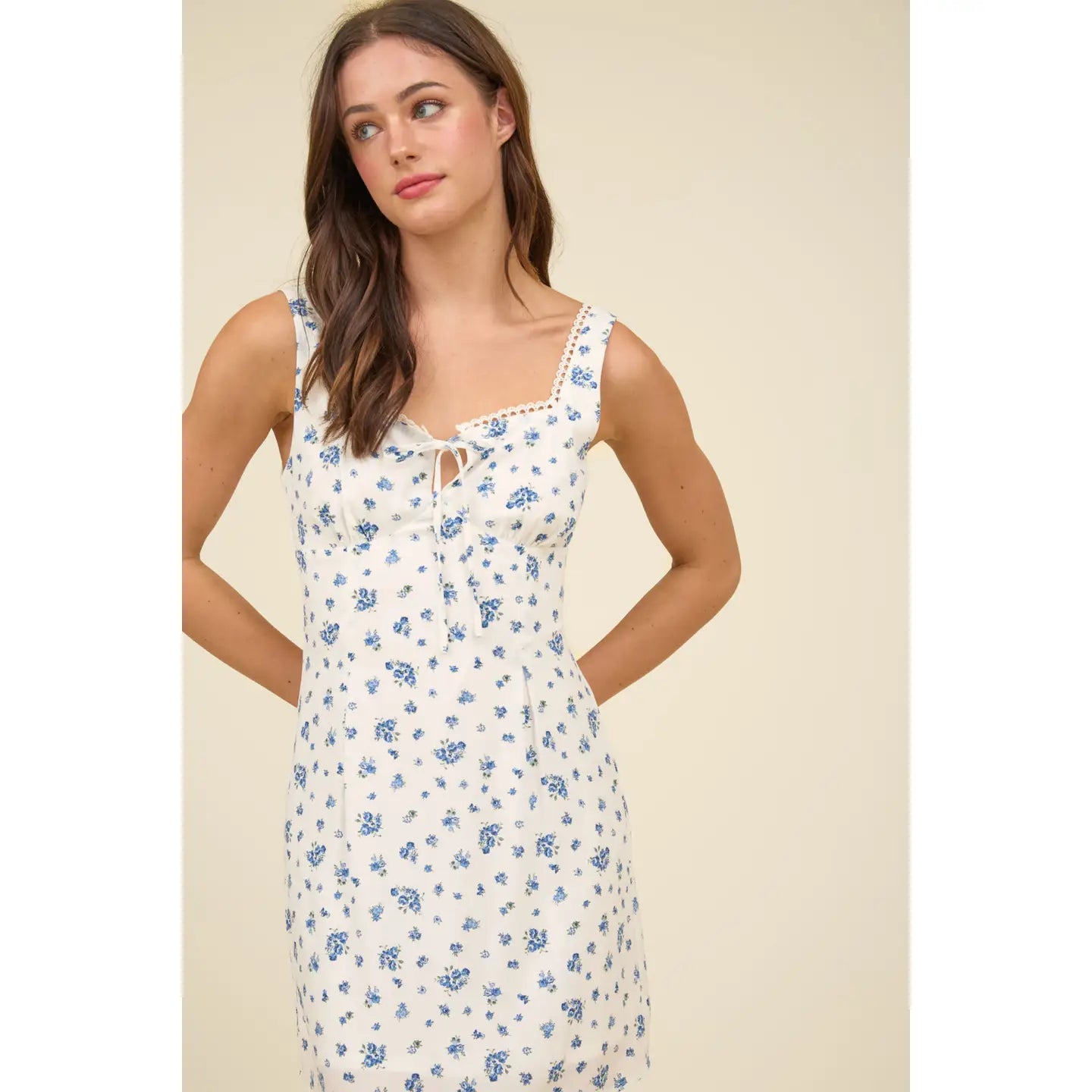 Floral Square Neck Lace Trim Front Tie Mini Dress
