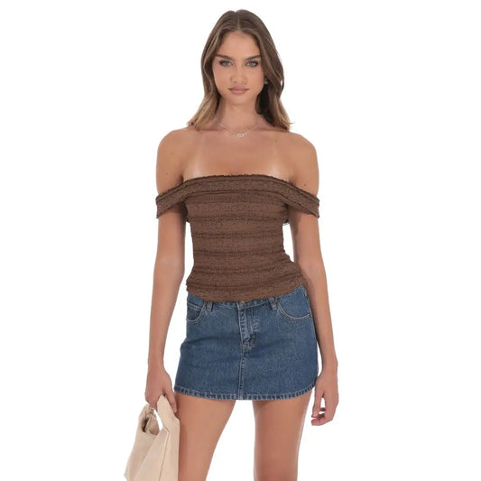 Ruffle Lace Off Shoulder Top in Brown