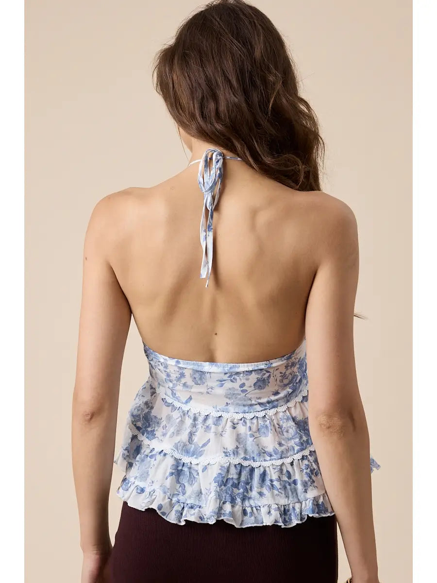 White Eyelet Halter Bust Shaded Floral Cami Top
