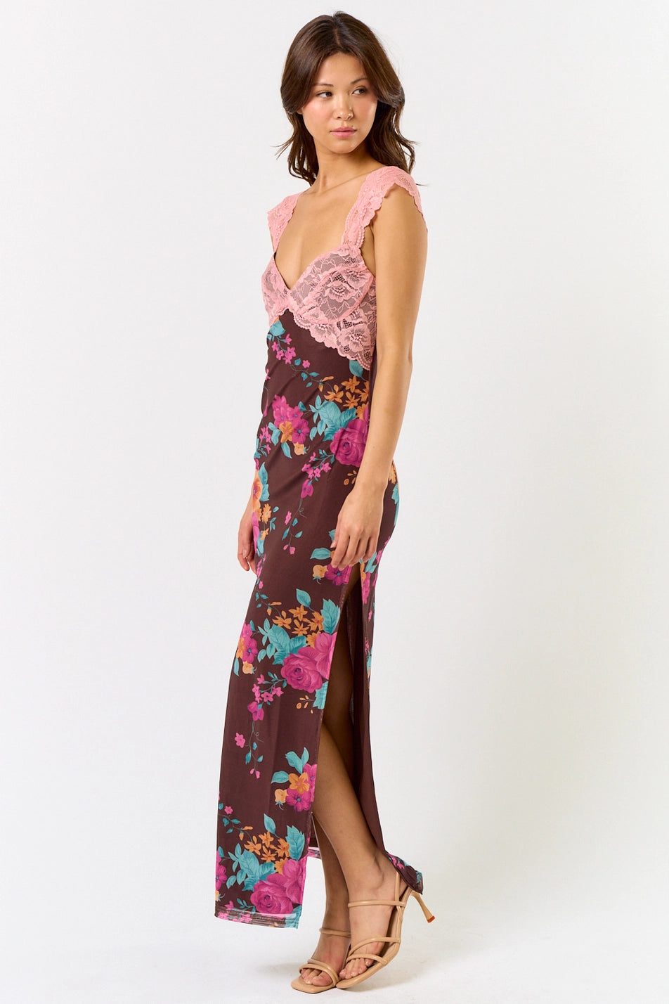 Mesh Floral Print Lace Detail Side Slit Maxi Dress