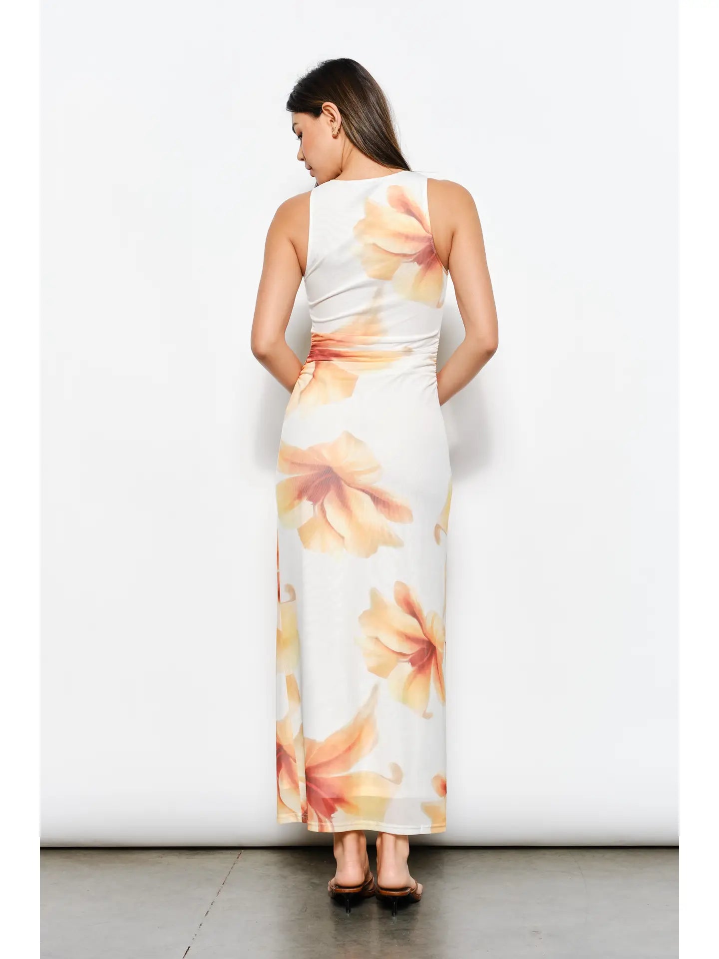 Print Mesh Ruching Detail Midi Dress