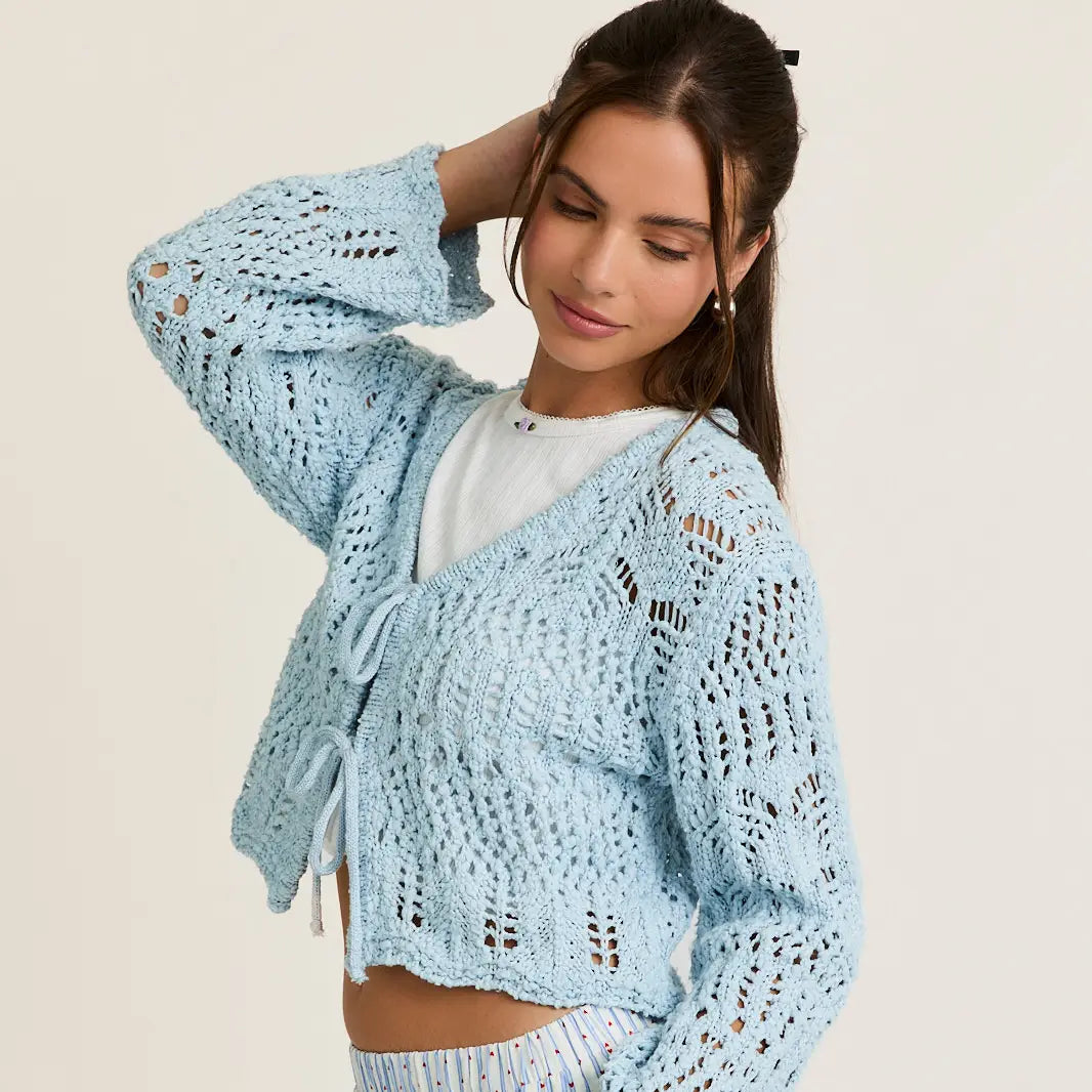 Front Tie Crochet Effect Sweater Top