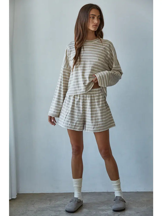 Knit Cotton Striped Mock Neck Long Sleeve